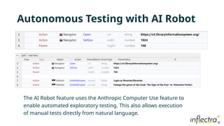 ®
®
Autonomous Testing with AI Robot
The AI Robot feature uses the Anthropic Computer Use feature to
enable automated exploratory testing. This also allows execution
of manual tests directly from natural language.
 