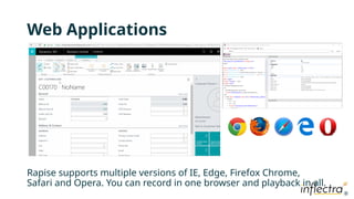 ®
®
Web Applications
Rapise supports multiple versions of IE, Edge, Firefox Chrome,
Safari and Opera. You can record in one browser and playback in all.
 