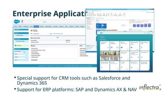 ®
®
Enterprise Applications
 Special support for CRM tools such as Salesforce and
Dynamics 365
 Support for ERP platforms: SAP and Dynamics AX & NAV
 