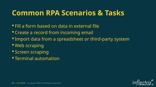 ®
45 | 02/12/2025 © Copyright 2006-2019 Inflectra Corporation
Common RPA Scenarios & Tasks
 Fill a form based on data in external file
 Create a record from incoming email
 Import data from a spreadsheet or third-party system
 Web scraping
 Screen scraping
 Terminal automation
 