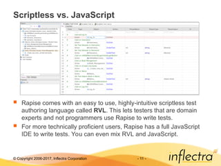 © Copyright 2006-2017, Inflectra Corporation - 11 -
Scriptless vs. JavaScript
 Rapise comes with an easy to use, highly-intuitive scriptless test
authoring language called RVL. This lets testers that are domain
experts and not programmers use Rapise to write tests.
 For more technically proficient users, Rapise has a full JavaScript
IDE to write tests. You can even mix RVL and JavaScript.
 