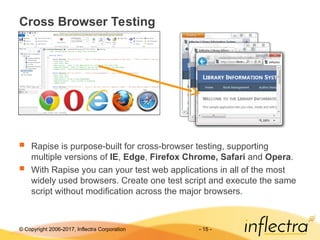 © Copyright 2006-2017, Inflectra Corporation - 15 -
Cross Browser Testing
 Rapise is purpose-built for cross-browser testing, supporting
multiple versions of IE, Edge, Firefox Chrome, Safari and Opera.
 With Rapise you can your test web applications in all of the most
widely used browsers. Create one test script and execute the same
script without modification across the major browsers.
 