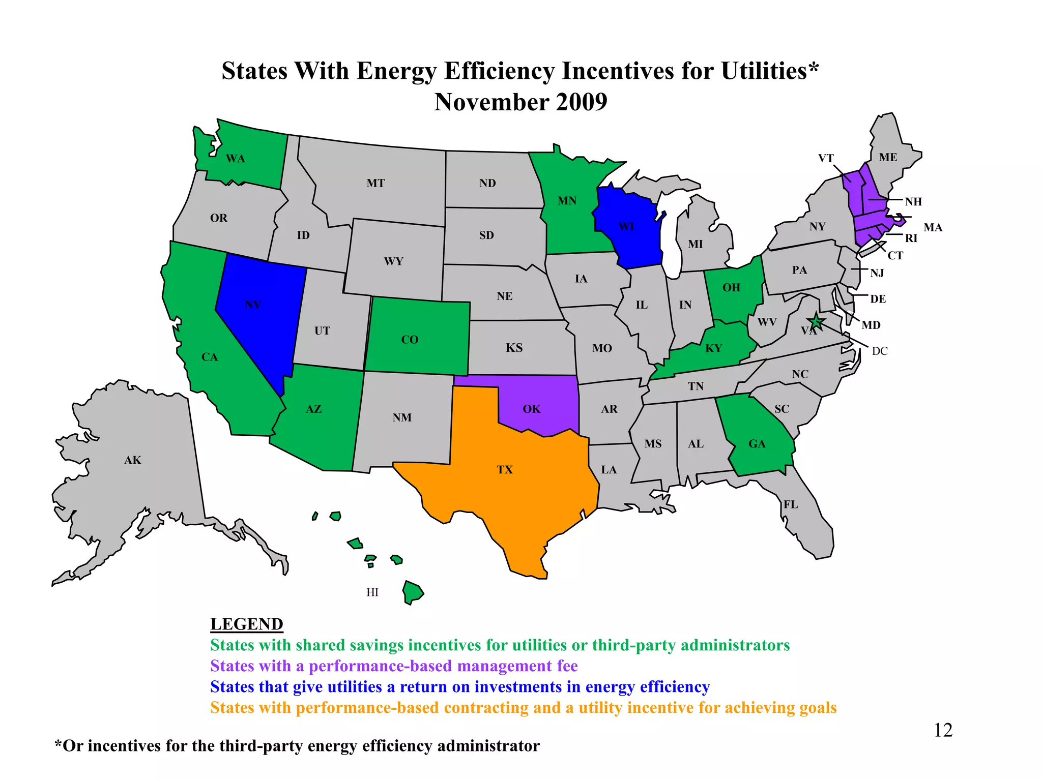States With Energy Efficiency Incentives for Utilities*
November 2009
VT

WA
MT

ME

ND
MN

NH

OR
ID

WI

SD

NY
CT

WY

PA

IA
IL

DE

IN
WV

UT

CO

CA

KS

NJ

OH

NE

NV

MA

RI

MI

MO

VA

KY

MD
DC

NC
TN
AZ

OK

NM

AR

SC

MS
AK

TX

AL

GA

LA
FL

HI

LEGEND
States with shared savings incentives for utilities or third-party administrators
States with a performance-based management fee
States that give utilities a return on investments in energy efficiency
States with performance-based contracting and a utility incentive for achieving goals
*Or incentives for the third-party energy efficiency administrator

12

 