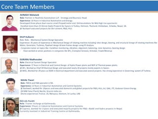 Core Team Members
AVINASH Mahalank
Role: Partner in Realtime Automation LLP. Strategy and Business Head.
Experience:10 Years in Industrial Automation and Energy;
Developed three phase dual source smart Prepaid meter and Onlinesolutions for Mid-High rise aparments
Handled more than 25 Oniste Hydro Projects for 5years in Turkey, Vietnam, Thailand, Zimbabwe, Srilanka, Nepal, SA.
@ Rockwell executed projects for Shri cement, P&G, HUL
DILIP Kulkarni
Role: Role: : Mechanical System Design Specialist
Experience: 35 years of experience in Mechanical Design of rotating machine including rotor design, bearing, and structural design of rotating machines like
Motor, Generator, Turbines, flywheel design & base frames design using FE Analysis.
- Corporate trainer on topics like Condition monitoring, vibration, alignment, balancing, rotor dynamics, bearing design
- Have worked at senior positions in companies like BFL, Crompton Greaves, Kirloskar, FowlerWestrup
GURURAJ Madhusudan
Role: Electrical System Design Specialist
Experience: 32 Years in Electrical and Control Design of Hydro Power plants and BOP of Thermal power plants.
@ BFL, Worked as Chief Of Electrical Design and executed nearly 20 projects mostly exports in 3years.
@ BHEL, Worked for 29 years as DGM in Electrical department and executed several projects. Has strong experience in Governing system of Turbine.
NAVAL Tiwari
Role: FMCG and F&B specialist in RA.
Experience: 12 Years in Industrial Automation and Control Systems.
@ Rockwell, worked for 10years and executed domesticand global projects for P&G, HUL,JnJ, GAIL, ITC, Godavari Green Energy
(50 MW Solar Plant), Nestle, Grasim India etc.
Onsite experiences France, US, Malaysia, Vietnam, Sri Lanka, UAE
RAS LAL Pandit
Role: Trainer Incharge at Kathmandu
Experience: 5Years in Industrial Automation and Control Systems
@ Cypress, worked for 3 years and executed majorly projects for P&G –Baddi and hydro projects in Nepal.
Currently involved in Industrial Training Centre at Kathmandu.
 