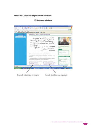 en trois « clics », l’usager peut rédiger sa demande de médiation.

                                    accès au site du Médiateur




    Demande de médiation pour une entreprise          Demande de médiation pour un particulier




                                                                 • Les modalités de saisine du Médiateur et le traitement des demandes de médiation   19
 