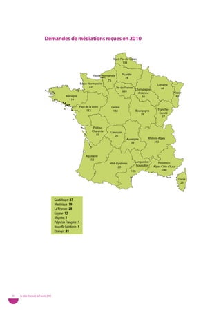 demandes de médiations reçues en 2010


                                                                                                Nord-Pas-de-Calais
                                                                                                       138



                                                                                Haute-Normandie         Picardie
                                                                                                           78
                                                                                          75
                                                                       Basse-Normandie                                              Lorraine
                                                                              62                  Île-de-France                        44
                                                                                                                Champagne-
                                                                                                       889                                      Alsace
                                                                                                                  Ardenne
                                                       Bretagne                                                      56                           40
                                                          114

                                                                   Pays de la Loire            Centre
                                                                         132                    102                Bourgogne        Franche-
                                                                                                                       76            Comté
                                                                                                                                       37


                                                                                Poitou-
                                                                               Charente    Limousin
                                                                                  85          26
                                                                                                           Auvergne         Rhônes-Alpes
                                                                                                              39                213



                                                                           Aquitaine
                                                                             152
                                                                                                                   Languedoc-       Provence-
                                                                                           Midi-Pyrénées
                                                                                                                    Roussillon   Alpes-Côte d’Azur
                                                                                                120
                                                                                                               126                      280


                                                                                                                                                     Corse
                                                                                                                                                      23




                                             Guadeloupe : 27
                                             Martinique : 19
                                             La Réunion : 28
                                             Guyane : 12
                                             Mayotte : 1
                                             Polynésie Française : 1
                                             Nouvelle Calédonie : 1
                                             Étranger : 31




30   • Le bilan d’activité de l’année 2010
 