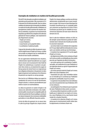 exemples de médiation en matière de fiscalité personnelle
                                Près de 90 % des demandes recevables de médiation sont        l’impôt et les charges publiques constitue une décision
                                présentées par des particuliers. Elles concernent à 45 %      administrative exceptionnelle que ne peut revendi-
                                le domaine de la fiscalité personnelle. Dans les mêmes        quer un usager. Cette mesure ne peut davantage être
                                conditions de traitement que les demandes de médiation        reconduite annuellement par un comptable public
                                en matière de fiscalité professionnelle, le Médiateur est     sans contrevenir aux dispositions de l’article 34 de la
                                principalement conduit à examiner des situations rela-        Constitution qui prévoit que les modalités de recou-
                                tives au contentieux, au gracieux et au recouvrement des      vrement des impositions de toute nature relèvent du
                                impositions qui relèvent de la compétence de la direction     domaine de la loi.
                                générale des Finances publiques. Sont notamment le
                                plus fréquemment concernés :                                  Dans le cadre des médiations réalisées en 2010, les
                                – l’impôt sur le revenu ;                                     dix exemples suivants illustrent la position de l’admi-
                                – la taxe d’habitation ;                                      nistration dans le domaine de la fiscalité personnelle.
                                – la taxe foncière sur les propriétés bâties ;                Ils concernent notamment :
                                – la contribution à l’audiovisuel public.                     – une remise totale et une restitution de la majoration
                                                                                              de 10 % pour dépôt tardif de la déclaration des revenus
                                S’agissant des demandes de délais de paiement concer-         suite à une tentative avortée par voie électronique ;
                                nant les impôts locaux et l’impôt sur le revenu, ces délais   – le maintien d’une majoration de 10 % sur des rappels
                                sont accordés ou renégociés avec les contribuables en         d’impôt sur le revenu ;
                                fonction de leurs facultés contributives.                     – des dégrèvements d’office et des restitutions d’impôt
                                Par une appréciation individualisée des situations,           sur le revenu accordés au contribuable pour deux années
                                l’administration répond favorablement aux usagers             prescrites par l’expiration du délai de réclamation ;
                                dans la mesure où ils reconnaissent le bien-fondé de          – une remise gracieuse de la contribution à l’audiovi-
                                l’impôt et ne souhaitent pas se soustraire à son paie-        suel public, une modération de la taxe d’habitation et
                                ment. Dans certains cas, où notamment les usagers ne          une explication donnée au sujet de l’augmentation de
                                font pas preuve de civisme fiscal en ne respectant pas        l’impôt sur le revenu ;
                                leurs obligations déclaratives et de paiement, les dates      – une remise gracieuse totale de l’impôt sur le revenu
                                légales de paiement sont maintenues et les échéanciers        2009 et de la taxe d’habitation 2010 ;
                                de paiement non respectés ne sont pas prorogés.               – l’exonération de la plus-value immobilière réalisée
                                                                                              sur un immeuble qui ne constituait pas l’habitation
                                Dans tous les cas, le Médiateur indique aux usagers les       principale du contribuable, le jour de sa cession ;
                                coordonnées du service et le nom du fonctionnaire,            – la suspension d’une procédure d’avis à tiers détenteur
                                chargé du dossier, à contacter personnellement pour           sous réserve du paiement de la taxe d’habitation 2010
                                mettre en œuvre ses recommandations.                          en trois échéances ;
                                                                                              – une prolongation d’un échéancier pour le paiement
                                Les délais de paiement en matière d’impôts et de
                                                                                              des taxes d’habitation de deux années successives ;
                                créances des collectivités territoriales et des établis-
                                                                                              – de nouveaux délais de paiement accordés à un contri-
                                sements publics recouvrés par les comptables publics de
                                                                                              buable pour le règlement de son impôt sur le revenu,
                                la direction générale des Finances publiques constituent
                                                                                              de sa taxe d’habitation et de sa taxe foncière tenant
                                une réponse temporaire à des circonstances individuelles
                                                                                              compte de sa situation financière ;
                                particulières et à des difficultés financières avérées.
                                                                                              – le maintien de la réduction d’impôt sur le revenu
                                L’octroi de délais de paiement mis en œuvre dans              prévue pour les investissements locatifs réalisés dans
                                le cadre du principe d’égalité des citoyens devant            les départements et territoires d’outre-mer.




44   • Focus sur quelques exemples de médiation
 