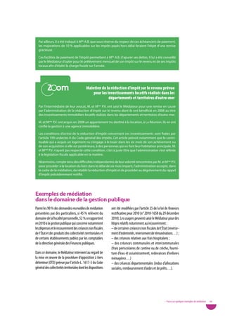 Par ailleurs, il a été indiqué à Mlle A.B. que sous réserve du respect de ces échéanciers de paiement,
  les majorations de 10 % applicables sur les impôts payés hors délai feraient l’objet d’une remise
  gracieuse.

  Ces facilités de paiement de l’impôt permettent à Mlle A.B. d’apurer ses dettes. Il lui a été conseillé
  par le Médiateur d’opter pour le prélèvement mensuel de son impôt sur le revenu et de ses impôts
  locaux afin d’étaler la charge fiscale sur l’année.




           Zoom
           Zoom                              Maintien de la réduction d’impôt sur le revenu prévue
                                                 pour les investissements locatifs réalisés dans les
                                                           départements et territoires d’outre-mer
  Par l’intermédiaire de leur avocat, M. et Mme P.V. ont saisi le Médiateur pour une remise en cause
  par l’administration de la réduction d’impôt sur le revenu dont ils ont bénéficié en 2008 au titre
  des investissements immobiliers locatifs réalisés dans les départements et territoires d’outre-mer.

  M. et Mme P.V. ont acquis en 2008 un appartement nu destiné à la location, à La Réunion. Ils en ont
  confié la gestion à une agence immobilière.

  Les conditions d’octroi de la réduction d’impôt concernant ces investissements sont fixées par
  l’article 199 undecies A du Code général des impôts. Cet article prévoit notamment que le contri-
  buable qui a acquis un logement nu s’engage à le louer dans les six mois de son achèvement ou
  de son acquisition si elle est postérieure, à des personnes qui en font leur habitation principale. M.
  et Mme P.V. n’ayant pas respecté cette condition, c’est à juste titre que l’administration s’est référée
  à la législation fiscale applicable en la matière.

  Néanmoins, compte tenu des difficultés indépendantes de leur volonté rencontrées par M. et M me P.V.
  pour procéder à la location du bien dans le délai de six mois imparti, l’administration accepte, dans
  le cadre de la médiation, de rétablir la réduction d’impôt et de procéder au dégrèvement du rappel
  d’impôt précédemment notifié.




exemples de médiation
dans le domaine de la gestion publique
Parmi les 90 % des demandes recevables de médiation             ont été modifiées par l’article 55 de la loi de finances
présentées par des particuliers, si 45 % relèvent du            rectificative pour 2010 (n° 2010-1658 du 29 décembre
domaine de la fiscalité personnelle, 52 % se rapportent         2010). Les usagers peuvent saisir le Médiateur pour des
en 2010 à la gestion publique qui concerne notamment            litiges relatifs notamment au recouvrement :
les dépenses et le recouvrement des créances non fiscales       – de certaines créances non fiscales de l’État (reverse-
de l’État et des produits des collectivités territoriales et    ment d’indemnités, reversement de rémunérations…) ;
de certains établissements publics par les comptables           – des créances relatives aux frais hospitaliers ;
de la direction générale des Finances publiques.                – des créances communales et intercommunales
                                                                (frais périscolaires de cantine ou de crèche, fourni-
Dans ce domaine, le Médiateur intervient au regard de           ture d’eau et assainissement, redevances d’ordures
la mise en œuvre de la procédure d’opposition à tiers           ménagères…)
détenteur (OTD) prévue par l’article L. 1617-5 du Code          – des créances départementales (indus d’allocations
général des collectivités territoriales dont les dispositions   sociales, remboursement d’aides et de prêts…).




                                                                                                            • Focus sur quelques exemples de médiation   49
 