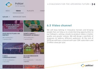 6 CHALENGES FOR THE UPCO MING FUTURE | 3 4
We will keep betting in innovative formats and bringing
people that can help us to create learning opportunities to
our followers, setting a studio to produce videos in better
quality and greater volume. We will design a portfolio of
programs to address different audiences. At the end of
2018 we will have a channel with over 50K subscribers and
1 million views per year.
6.5 Video channel
 