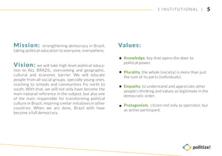 Mission: strengthening democracy in Brazil,
taking political education to everyone, everywhere.
Vision: we will take high level political educa-
tion to ALL BRAZIL, overcoming and geographic,
cultural and economic barrier. We will educate
people from all social groups, specially young ones,
reaching to schools and communities fro north to
south. With that, we will not only have become the
main national reference in the subject, but also one
of the main responsible for transforming political
culture in Brazil, inspiring similar initiatives in other
countries. When we are done, Brazil with have
become a full democracy.
Knowledge, key that opens the door to
political power.
Plurality, the whole (society) is more than just
the sum of its parts (individuals).
Empathy, to understand and appreciate other
people's thinking and values as legitimate in the
democratic order.
Protagonism, citizen not only as spectator, bur
as active participant.
Values:
51 INSTITUTIONAL |
 