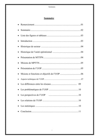 Sommaire
1
Sommaire
 Remerciement.................................................................................01
 Sommaire........................................................................................02
 Liste des figures et tableaux ...........................................................03
 Introduction ....................................................................................03
 Historique de secteur .....................................................................04
 Historique de l’unité opérationnel .................................................04
 Présentation de MTTPN.................................................................04
 Misions de MPTTN........................................................................05
 Présentation de l’UOP ....................................................................05
 Misions et fonctions et objectifs de l’UOP ....................................06
 Aspects techniques de l’UOP...........................................................................07
 Les différences entre les réseaux............................................. 09
 Les problématiques de l’UOP ....................................................10
 Les perspectives de l’UOP ....................................................10
 Les relations de l’UOP ...............................................................10
 Les statistiques ...........................................................................10
 Conclusion..................................................................................11
 