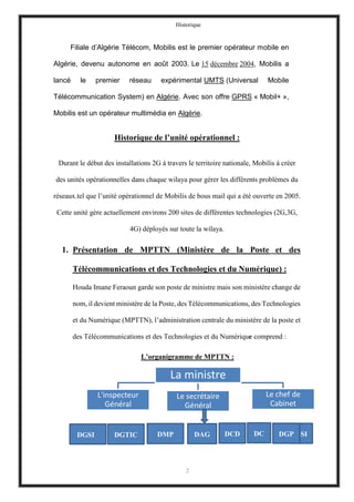 Historique
2
Filiale d’Algérie Télécom, Mobilis est le premier opérateur mobile en
Algérie, devenu autonome en août 2003. Le 15 décembre 2004, Mobilis a
lancé le premier réseau expérimental UMTS (Universal Mobile
Télécommunication System) en Algérie. Avec son offre GPRS « Mobil+ »,
Mobilis est un opérateur multimédia en Algérie.
Historique de l’unité opérationnel :
Durant le début des installations 2G à travers le territoire nationale, Mobilis à créer
des unités opérationnelles dans chaque wilaya pour gérer les différents problèmes du
réseaux.tel que l’unité opérationnel de Mobilis de bous mail qui a été ouverte en 2005.
Cette unité gère actuellement environs 200 sites de différentes technologies (2G,3G,
4G) déployés sur toute la wilaya.
1. Présentation de MPTTN (Ministère de la Poste et des
Télécommunications et des Technologies et du Numérique) :
Houda Imane Feraoun garde son poste de ministre mais son ministère change de
nom, il devient ministère de la Poste, des Télécommunications, des Technologies
et du Numérique (MPTTN), l’administration centrale du ministère de la poste et
des Télécommunications et des Technologies et du Numérique comprend :
L’organigramme de MPTTN :
La ministre
L'inspecteur
Général
Le secrétaire
Général
Le chef de
Cabinet
DSI
DC
RI
DCD
A
DAG
DMP
DGTIC
DGSI DGP
 