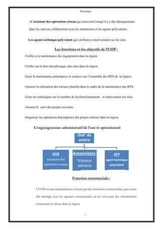 Historique
4
-L’assistant des opérations réseau qui intervient lorsqu’il y a des dérangements
dans les sites en collaboration avec les antennistes et les agents polyvalents.
Les agents technique polyvalent qui vérifient et interviennent sur les sites
Les fonctions et les objectifs de l’UOP :
-Veiller a la maintenance des équipement dans la région
-Veiller sur le bon état physique ,des sites dans la région.
-Faire la maintenance préemptive et curative sur l’ensemble des BTS de la région .
-Assurer la réalisation des travaux planifié dans le cadre de la maintenance des BTS.
-Faire les statistiques sur le nombre de dysfonctionnement . et intervention sur sites.
-Assurer le suivi des projets en cours.
-Organiser les opérations d'acceptance des projets réaliser dans la région
L’organigramme administratif de l’uni té opérationnel
Fonction commerciale :
L’UOP est une administration n’ayant pas des fonctions commerciales, par contre
elle interagit avec les agences commerciales en les envoyant des informations
concernant le réseau dans la région
chef de
centre
AOR
asssistant des
opérations reseau
Antennistes:
travaux
aériens
ATP
agent technique
polyvalent
 
