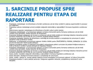 1. SARCINILE PROPUSE SPRE
REALIZARE PENTRU ETAPA DE
RAPORTARE
• Proiectarea metodologiei de eficientizare a formării vorbitorului cult de limba română în vederea experimentării în procesul
de învăţământ.
• Proiectarea cadrului metodologic privind condiţiile relaţionării afectivităţii şi raţionalităţii în formarea lingvistică a vorbitorului
cult.
• Determinarea reperelor metodologice de eficientizare a formării culturii vorbirii elevilor.
• Proiectarea metodologică a Curriculumului opţional la Cultura Comunicării pentru formarea vorbitorului cult de limbă
română (ciclul gimnazial). Analiza factorilor de eficientizare.
• Proiectarea Strategiei pedagogice de formare a vorbitorului cult de limbă română prin tehnologii didactice interactive privind
formarea vorbitorului cult la orele de curs și seminar (studenții filologi alolingvi).
• Proiectarea strategiilor didactice de eficientizare a activităţii de formare-evaluare a competenţei de comunicare în cadrul
disciplinei Limba şi literatura română.
• Elaborarea și coordonarea curriculumului național: PLANUL-CADRU pentru ÎNVĂȚĂMÎNTUL PRIMAR, GIMNAZIAL ȘI LICEAL
pe anul de studii 2017-2018 (școala alolingvi).
• Iniţierea consultărilor publice şi implicarea comunităţii în eficientizarea politicii curriculare de predare-învăţare-evaluare a
limbii şi literaturii române în şcoala alolingvă din Republica Moldova.
• Proiectarea metodologică a Curriculumului opţional la Cultura Comunicării pentru formarea vorbitorului cult de limbă
română (ciclul gimnazial). Analiza factorilor de eficientizare.
• Proiectarea Strategiei pedagogice de formare a vorbitorului cult de limbă română prin tehnologii didactice interactive privind
formarea vorbitorului cult la orele de curs și seminar (studenții filologi alolingvi).
• Studiu analitic: Condiţiile relaţionării afectivităţii şi raţionalităţii în formarea lingvistică a vorbitorului cult.
• Studiu descriptiv: Strategii de formare-evaluare a competenţei de comunicare.
• Studiu analitic referitor la nevoile cadrelor didactice privind necesitatea Curriculumului opţional la Cultura Comunicării.
• Prezentarea studiilor în cadrul ședinței sectorului. Integrarea sugestiilor relevante, completarea şi revizuirea în urma
discuţiilor.
 