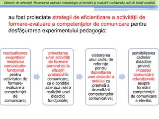 au fost proiectate strategii de eficientizare a activităţii de
formare-evaluare a competenţelor de comunicare pentru
desfăşurarea experimentului pedagogic:
reactualizarea
exigenţelor
modelului
comunicativ-
funcţional
pentru
activitatea de
formare-
evaluare a
competenţei
de
comunicare;
proiectarea
unor activităţi
de formare
pornind de la
situaţii-
problemă în
comunicare,
ca o condiţie
sine qua non a
realizării unei
didactici
funcţionale;
elaborarea
unui cadru de
referinţe
pentru
dezvoltarea
unei didactici a
oralului ca
premisă a
dezvoltării
competenţelor
comunicative;
sensibilizarea
cadrelor
didactice
privind
impactul
comunicării
educaţionale
asupra
formării
competenţei
de comunicare
a elevilor.
Obiectiv de referință :Proiectarea cadrului metodologic al formării şi evaluării vorbitorului cult de limbă română.
 
