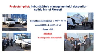 Proiectul -pilot: Îmbunătățirea managementului deșeurilor
solide în r-ul Florești
Costul total al proiectului - 2 446.41 mii lei
Alocat (2016) - 2 446.41 mii lei
Sursa - GIZ
Indicatori:
- 2 autospeciale achiziționate
 