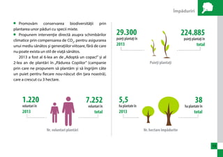 Împăduriri 
13 
29.300 
puieţi plantaţi în 
2013 
224.885 
puieţi plantaţi în 
total 
Puieţi plantaţi 
5,5 
ha plantate în 
2013 
38 
ha plantate în 
total 
Nr. hectare împădurite 
Încurajăm comunităţile locale să se implice în 
procesul de creștere a pădurii. De aceea, suntem 
parteneri cu autoritățile locale care ne sprijină în 
organizarea activităților din comunitate, localnicii vin 
să ajute la plantarea puieților și îngrijirea lor, iar elevii 
iau parte la sesiuni educaţionale informale cu rolul de 
a-i învăța importanța pădurii. 
2013 a fost al 6-lea an de „Adoptă un copac!” și al 
2-lea an de plantări în „Pădurea Copiilor” (campanie 
prin care ne propunem să plantăm și să îngrijim câte 
un puiet pentru fiecare nou-născut din ţara noastră), 
care a crescut cu 3 hectare. 
1.220 
voluntari în 
2013 
7.252 
voluntari în 
total 
Nr. voluntari plantări 
 