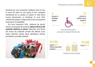 Producţie şi consum durabile 
21 
handicap pe care compania îl plăteşte lunar la stat. 
În acest fel, banii nu mai ajung la stat, compania 
beneficiază de un produs şi susţine în mod direct 
munca persoanelor cu handicap. În anul 2013, 
„Atelierul de pânză” a asigurat locuri de muncă pentru 
4 persoane cu dizabilităţi. 
Din luna noiembrie 2013, „Atelierul de pânză” 
lansat o nouă gamă de produse: obiecte diverse din 
material refolosit şi unicat. Obiectele sunt făcute 
din resturi de materiale primite din diferite surse. 
Gama cuprinde sacoşe, genţi, ghiozdane, penare, 
portfarduri, portofele colorate. 
19.700 
sacoşe în 2013 
(100 din resturi textile 
reutilizate) 
70.800 
sacoşe în total 
Producţie sacoşe de pânză 
4 
persoane cu 
dizabilităţi 
angajate 
12 
persoane cu 
probleme sociale 
angajate în 
total 
Locuri de muncă pentru 
persoane din categorii defavorizate 
 