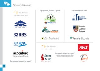 Parteneri şi sponsori 
38 
Top sponsori „Adoptă un copac!” 
Top sponsori „Pădurea Copiilor” 
Parteneri Perdele verzi 
Parteneri „Adoptă un copac!” 
(donaţii salariale, matching funds, 
campanii co-branded, transport) 
 