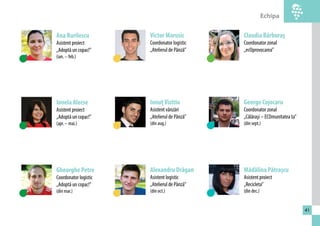 Echipa 
41 
Ana Burilescu 
Asistent proiect 
„Adoptă un copac!” 
(ian. – feb.) 
Ionela Alecse 
Asistent proiect 
„Adoptă un copac!” 
(apr. – mai.) 
Gheorghe Petre 
Coordonator logistic 
„Adoptă un copac!” 
(din mar.) 
Claudia Bărburaş 
Coordonator zonal 
„ecOprovocarea” 
George Cojocaru 
Coordonator zonal 
„Călăraşi – ECOmunitatea ta” 
(din sept.) 
Mădălina Pătraşcu 
Asistent proiect 
„Recicleta” 
(din dec.) 
Victor Marusic 
Coordonator logistic 
„Atelierul de Pânză” 
Ionuţ Vizitiu 
Asistent vânzări 
„Atelierul de Pânză” 
(din aug.) 
Alexandru Drăgan 
Asistent logistic 
„Atelierul de Pânză” 
(din oct.) 
 