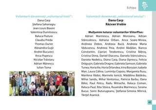 Echipa 
43 
Voluntarii desemnaţi „voluntarul lunii”: 
Dana Carp 
Ştefana Sahanagiu 
Jean-Louis Biasini 
Valentina Dumitrescu 
Raluca Fluture 
Claudiu Preda 
Thomas Durier 
Alexandra Guţă 
Andrei Bucureci 
Anca Popescu 
Nicolae Trăistaru 
Adrian Mănescu 
Iulian Toma 
Voluntarii desemnaţi „voluntarul anului”: 
Dana Carp 
Răzvan Vrabie 
Mulţumim tuturor voluntarilor ViitorPlus: 
Adrian Marinescu, Adrian Moroianu, Adrian 
Stănculescu, Adriana Orban, Anca Soare-Minea, 
Andreea Dobre, Andreea Bucă, Andreea Maria 
Văduvescu, Andreea Peia, Andrei Bădălan, Bianca 
Constantin, Ciprian Teodorescu, Cristina Băţroş, 
Cristina Dima, Daniel Diaconu, Daniela Stănciulescu, 
Daniela Nedelcu, Diana Carp, Diana Oprescu, Felicia 
Drăguşin, Gabriela Dragne, Gabriela Samson, Gabriela 
Tunea, Horia Ilie, Horia Orlandea, Irina Borozan, Isabela 
Man, Laura Călina, Luminiţa Copoiu, Margareta Rusu, 
Marilena Rădoi, Marinela Ionică, Mădălina Bădărău, 
Mihai Sandu, Mihai Ventoniuc, Patricia Barbu, Oana 
Băloi, Paul Petcu, Radu Mitrache, Raluca Coman, 
Raluca Paul, Rita Stoica, Ruxandra Marinescu, Sorana 
Bucur, Sorin Buturugeanu, Ştefania-Simona Mitrică, 
Tănţel Asanică. 
 