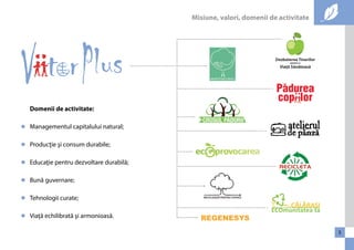 Misiune, valori, domenii de activitate 
5 
Domenii de activitate: 
Managementul capitalului natural; 
Producţie şi consum durabile; 
Educaţie pentru dezvoltare durabilă; 
Bună guvernare; 
Tehnologii curate; 
Viaţă echilibrată şi armonioasă. Regenesys 
 