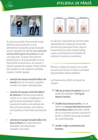 11
În ceea ce privește misiunea de mediu
(oferirea consumatorilor a unei
alternative la clasicele pungi de plastic,
anume sacoșele de pânză), am continuat
să dezvoltăm gama de produse. După
cum deja știți, ne place să susținem
artiștii locali și să le promovăm munca.
Pornind de la acest lucru, am lansat 3
colecții speciale de sacoșe, fiecare dintre
ele ocupând un loc aparte în sufletele
noastre. Vorbim despre:
Ÿ colecția de sacoșe lansată alături de
Lenani (care ne-a cucerit cu grafica
veselă și cu citate motivaționale),
Ÿ colecția de sacoșe realizată alături
de Stefans (o familie pasionată de
natură, lucru care se regăsește și în
grafica de pe produsele noastre –
vizualurile inedite sunt realizate din
flori și frunze presate, care ulterior
sunt pozate și imprimate pe produse)
și
Ÿ colecția de sacoșe lansată alături de
Raluca Marin (o studentă foarte
talentată, care desenează
mandale minunate).
Un alt lucru important de amintit a fost
reprezentat de creșterea comenzilor
primite de la persoane fizice, ceea ce
înseamnă că ai noștri clienți înțeleg,
susțin și promovează conceptele de
reducere, reciclare și reutilizare.
Pentru a vedea mai exact cum au stat
lucrurile anul trecut, în cele ce urmează
vă prezentăm câteva statistici.
La finalul anului 2020, am reușit să
vindem:
ü 280 de produse Puzzletex (reușind
astfel să reutilizăm 126 kg de
deșeuri textile);
ü 26.895 de produse textile, aici ne
referim la sacoșe/săculeți/accesorii
din bumbac natur (estimăm, astfel,
că nu a mai fost necesar consumul a
peste 4 milioane de pungi de plastic
de unică folosință);
ü 26.867 măști reutilizabile din
bumbac.
ATELIERUL DE PÂNZĂ
 