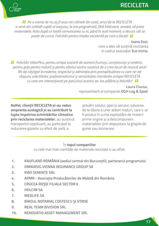 17
RECICLETA
Astfel, clienții RECICLETA și-au redus
amprenta ecologică și au contribuit la
lupta împotriva schimbărilor climatice
prin reciclarea materialelor, au susținut
transportul nepoluant, au participat la
reducerea gazelor cu efect de seră, a
poluării solului, apei și aerului, salvarea
de la tăiere a unor arbori maturi, care s-ar
fi produs în urma exploatării de materii
prime virgine și a descompunerii
materialelor prin depozitare la gropile de
gunoi sau incinerare.
În topul companiilor
cu cele mai mari cantități de materiale reciclate s-au aflat:
1. KAUFLAND ROMÂNIA (sediul central din București), partenerul programului
2. OMNIASIG VIENNA INSURANCE GROUP SA
3. KWS SEMINȚE SRL
4. APMR - Asociația Producătorilor de Mobilă din România
5. CRUCEA ROȘIE FILIALA SECTOR 6
6. HOLCIM SA
7. MEDLIFE SA
8. BIROUL NOTARIAL COSTESCU ȘI STROE
9. REAL TEAM DIVISION SRL
10. RENOVATIO ASSET MANAGEMENT SRL
Pe o vreme de nu aș fi scos nici câinele din casă, omul de la RECICLETA
a venit din celălalt capăt al orașului, la ora programată, fără întârziere, amabil, să preia
materialele. Asta după ce toată comunicarea cu ei, până în acel moment, a decurs cât se
poate de cursiv. Felicitări pentru treaba excelentă pe care o faceți!
Ioana Esei,
care a ales să susțină reciclarea
în cadrul asociației Sus Inima.
Felicitări ViitorPlus, pentru echipa voastră de oameni frumoși, conștiincioși și vrednici,
pentru grija pentru natură și pentru efortul vostru susținut de a crea locuri de muncă verzi!
Mi-ați câștigat încrederea, respectul și admirația prin promptitudinea cu care ne-ați
răspuns solicitărilor, profesionalismul și seriozitatea membrilor echipei RECICLETA
cu care am interacționat pe parcursul acestui an. Jos pălăria și felicitări!
Laura Ciuciuc,
reprezentant al companiei DGH Log & Sped.
 