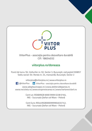 ViitorPlus - asociația pentru dezvoltare durabilă
CIF: 18654032
viitorplus.ro/doneaza
Punct de lucru: Str. Vulturilor nr. 92, Sector 3, București, cod poștal 030857
Sediu social: Str. Ronda nr. 24, mansardă, București, Sector 2
viitorplus@viitorplus.ro | www.viitorplus.ro
www.adoptauncopac.ro | www.atelieruldepanza.ro
www.recicleta.ro | www.ecoprovocarea.ro | www.hartareciclarii.ro
Cont Lei: RO68INGB 0000 9999 0238 0164,
ING - Sucursala Ștefan cel Mare - Polonă
Cont Euro: RO44INGB0000999904632742,
ING - Sucursala Ștefan cel Mare - Polonă
@ViitorPlus ViitorPlus - asociația pentru dezvoltare durabilă
 