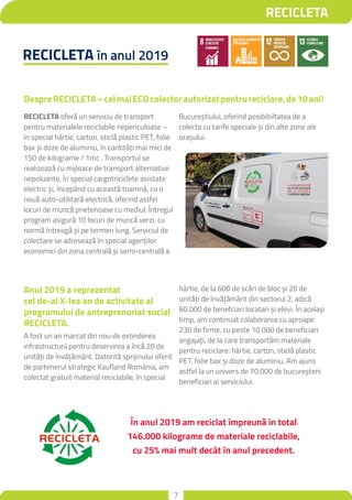 7
RECICLETA
RECICLETA în anul 2019
RECICLETA oferă un serviciu de transport
pentru materialele reciclabile nepericuloase –...