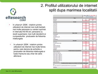 2. Profilul utilizatorului de internet split dupa marimea localitatii In urbanul> 200K : intalnim printre utilizatorii de internet mai multi barbati; mai multe persoane cu varste cuprinse in intervalul 40-49 ani; persoane cu studii superioare; mai multi decidenti ai cumparaturilor  produselor de folosinta indelungata In urbanul< 200K : intalnim printre utilizatorii de internet mai multe femei; pentru care decizia de achizitie a produselor de folosinta indelungata e luata impreuna sau chiar de catre altcineva Baza: 16+, urban (988 persoane) 