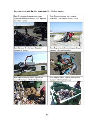 80
Depozit ecologic AVE Harghita Salubritate SRL, Odorheiu Secuiesc
Foto: Descărcare din autocompactoare a
deşeurilor colectate în amestec de la populaţie
în vederea sortării
Foto: Transport manual către zona de
depozitare a fracţiilor de Hârtie + carton
Foto: Procesul de colectare a deşeurilor
menajere în amestec
Foto: Deşeuri periculoase sortate din deşeurile
menajere colectate în amestec
Foto: Deşeuri biodegradabile separate din
deşeurile menajere colectate în amestec
Foto: Deşeuri textile separate din deşeurile
menajere colectate în amestec
 