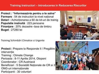 Training Instructori – Introducerea in Reducerea Riscurilor
Proiect : “Informează-te pentru a te salva”
Formare : 54 de instructori la nivel național
Dotari : Achiziționarea a 60 de kit-uri de trainig
Populatie instruită : 223 persoane
Finanțare : 20% dezastre -taxa de timbru
Buget : 27280 lei
Training Schimbări Climatice si Urgente
Proiect : Prepare to Responde II / Pregătire
intervenție
Training : Climate Change
Perioada : 8-11 Aprilie 2014, Otopeni
Coordonator : CR Austriacă
Beneficiari : 5 Societăti Naționale de CR si 3
ONG-uri internaționale
Participanti : 30 voluntari
 