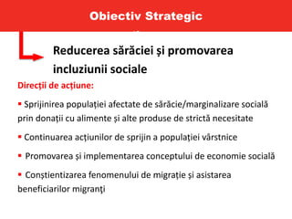 Obiectiv Strategic
tives
Reducerea sărăciei și promovarea
incluziunii sociale
Direcții de acțiune:
 Sprijinirea populației afectate de sărăcie/marginalizare socială
prin donații cu alimente și alte produse de strictă necesitate
 Continuarea acțiunilor de sprijin a populației vârstnice
 Promovarea și implementarea conceptului de economie socială
 Conștientizarea fenomenului de migrație și asistarea
beneficiarilor migranţi
 