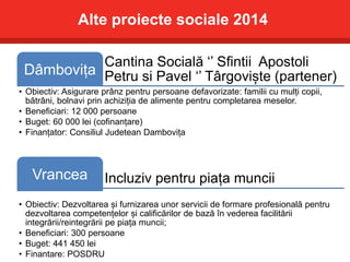Cantina Socială ‘’ Sfintii Apostoli
Petru si Pavel ‘’ Târgoviște (partener)Dâmbovița
• Obiectiv: Asigurare prânz pentru persoane defavorizate: familii cu mulți copii,
bătrâni, bolnavi prin achiziția de alimente pentru completarea meselor.
• Beneficiari: 12 000 persoane
• Buget: 60 000 lei (cofinanțare)
• Finanțator: Consiliul Judetean Dambovița
Incluziv pentru piața munciiVrancea
• Obiectiv: Dezvoltarea și furnizarea unor servicii de formare profesională pentru
dezvoltarea competențelor și calificărilor de bază în vederea facilitării
integrării/reintegrării pe piața muncii;
• Beneficiari: 300 persoane
• Buget: 441 450 lei
• Finantare: POSDRU
Alte proiecte sociale 2014
 