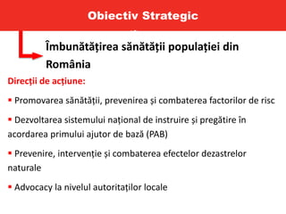 Obiectiv Strategic
tives
Îmbunătățirea sănătății populației din
România
Direcții de acțiune:
 Promovarea sănătății, prevenirea și combaterea factorilor de risc
 Dezvoltarea sistemului național de instruire și pregătire în
acordarea primului ajutor de bază (PAB)
 Prevenire, intervenție și combaterea efectelor dezastrelor
naturale
 Advocacy la nivelul autoritaților locale
 