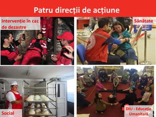 Patru direcții de acțiune
Intervenție în caz
de dezastre
Social
Sănătate
DIU - Educație
Umanitară
 