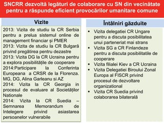 SNCRR dezvoltă legături de colaborare cu SN din vecinătate
pentru a răspunde eficient provocărilor umanitare comune
Vizite
2013: Vizita de studiu la CR Serbia
pentru a prelua sistemul online de
management financiar și PMER
2013: Vizita de studiu la CR Bulgară
privind pregătirea pentru dezastre
2013: Vizita DG la CR Ucraina pentru
a explora posibilitățile de cooperare
2014:Participare la Conferinta
Europeana a CRSR de la Florenza.
MG, DG, Alina Garleanu si AZ
2014: Vizita la CR Georgia in
procesul de evaluare al Societăților
Nationale
2014: Vizita la CR Suedia –
Semnarea Memorandum de
Intelegere privind asiastarea
persoanelor vulnerabile
Întâlniri găzduite
 Vizita delegatiei CR Ungare
pentru a discuta posibilitatea
unui parteneriat mai strans
 Vizita SG a CR Finlandeze
pentru a discuta posibilitatile de
cooperare
 Vizita filialei Kiev a CR Ucraina
 Vizita Delegatiei Biroului Zonal
Europa al FISCR privind
procesul de dezvoltare
organizational
 Vizita CR Suedia privind
colaborarea bilaterală
 