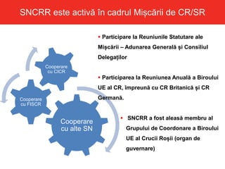 SNCRR este activă în cadrul Mișcării de CR/SR
Cooperare
cu alte SN
Cooperare
cu FISCR
Cooperare
cu CICR
 Participare la Reuniunile Statutare ale
Mișcării – Adunarea Generală și Consiliul
Delegaților
 Participarea la Reuniunea Anuală a Biroului
UE al CR, împreună cu CR Britanică și CR
Germană.
 SNCRR a fost aleasă membru al
Grupului de Coordonare a Biroului
UE al Crucii Roșii (organ de
guvernare)
 