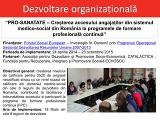 Dezvoltare organizațională
“PRO-SANATATE – Creșterea accesului angajaților din sistemul
medico-social din România la programele de formare
profesională continuă”
Finanţator: Fondul Social European – Investeşte în Oameni! prin Programul Operaţional
Sectorial Dezvoltarea Resurselor Umane 2007-2013
Perioada de implementare: 24 aprilie 2014 – 23 octombrie 2015
Parteneri: Asociaţia pentru Dezvoltare şi Promovare Socio-Economică, CATALACTICA ;
Fundația pentru Recuperare, Integrare și Promovare Socială ECHOSOC
Obiectivul general: cresterea nivelului
de calificare pentru 2520 de angajati
necalificati si/sau cu un nivel scazut de
calificare din domeniul medico-social
din cele 8 regiuni de dezvoltare din
Romania, contribuind la facilitarea /
imbunatatirea accesului si participarii la
programe de formare profesionala
continua (FPC).
Aria de implementare: 18 filiale din
cele 8 regiuni de dezvoltare
 