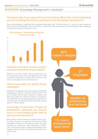 16
The practicality of your approach is very interesting. What other useful methods do
you use to manage the human capital part of the knowledge management?
Every new employee is registered for an approximately week-long “induction training” in Vienna, to get to know our
fields of work, the denkstatt vision and mission, to learn the skills and methods, to meet and greet new colleagues
and, last but not least, to have lots of fun.
Induction training for almost a week is
a serious investment on your behalf?
Indeed it is. In order to take, first you need to give. It is
the right thing to give trust and opportunity to newly
hired staff. People love it, and we see the results in our
work, as integration takes much less time.
Tell us more about the profile of your
colleagues?
We speak 21 languages, with an average of 3,3 different
languages per person, including Chinese, Greek. 91%
of our people have at least a bachelor’s degree, with
84% having obtained a Master’s degree or equivalent.
Combined with an average professional experience of
13,4 years per consultant, denkstatt group has a strong
basis of “human capital”.
An average of mоre than 13 years of
professional experience by consult-
ants is a trust-building factor. How do
your partners perceive it?
We are often invited to present our point of view on pub-
lic events, because our expertise is well-known. Many
colleagues are lecturers at universities. Also, many are
speakers at conferences, radio broadcasts or televi-
sion. In the last two years, roughly 20 consultants were
speakers, because they are recognized as experts on a
specific topic.
denkstatt Sustainability Review 2012-2013
INTERVIEW: Knowledge Management in denkstatt
Participants of “International Induction
Training” per year
 