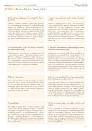 23
3. Promote and make use of diversity within the or-
ganization
Different cultures, attitudes, languages, genera-
tions, knowledge and experiences of the employees
support the creation of exciting new ideas and in-
novative solutions! denkstatt is a role model in di-
versity, compiling the experiences of more than 70
unique personalities, working as a group, collabo-
rating in interdisciplinary and international teams
and sharing experiences online as well as at vari-
ous events, meetings and open spaces.
4. Build strong external partnerships with great
minds
Internal collaboration is a must, but not enough.
The cooperation with leaders of thought, partners,
universities and even competitors provides new
perspectives and inputs for improvements. denk-
statt is very much aware of the value of cooperation,
regularly builds new partnerships and maintains
them consciously. Memberships and the participa-
tion in numerous conferences, events and networks
offer opportunities to stay at and co-create the state
of the art.
ARTICLE: Knowledge and Sustainability
6. Establish a link between the knowledge process-
es and the business processes
Knowledge processes should not be an add-on to
the business processes. They should be part of it.
Integrative activities like searching for previous ex-
periences at the beginning of a project and capturing
new ones at any milestone into the project life cycle
should become a routine! At denkstatt, knowledge is
part of the project plan, beginning with the definition
of knowledge objectives, the internal and external
collaboration and finally the proper capturing and
documentation.
8. Provide your people with the resources to achieve
best results as knowledge workers
Expecting 100% delivery and additionally high-level
knowledge work will for sure lead to burnout. Ex-
perts need resources for being excellent: time and
financial resources, promotion and support, encour-
agement and finally recognition for the good work.
denkstatt is attracting the best people in the field and
invests significantly to create the prerequisites for
their further development.output and impact.
7. Measure the results
Even if you are convinced that knowledge is making
profit, find some key measurements to learn where
you are and what can still be improved. With this
knowledge report, denkstatt is one of the pioneers
in public indicator-based communication about our
knowledge, output and impact.
5. Establish different spaces and routines for differ-
ent knowledge activities
Analytical work, creativity and conceptual thinking
require different spaces – physical and virtual ones.
We make a difference and offer suitable settings for
the various activities. denkstatt offices are relaxed
and straightforward. The virtual spaces offer a wide
spectrum of functionalities that can be created by the
consultants for their respective requirements.
9. Speak English
Knowledge is global. Those who do not speak and
understand English language fluently can hardly
participate in the global dialogue. Although English
is learnt at school, it is unfortunately still a barrier
for a significant part of the working population in
Europe. In denkstatt, English is established as the
group language and denkstatt people speak English
at a very high level. Further improvement is promot-
ed and supported.
10. Communicate about knowledge actively and
openly
Since knowledge is an essential resource of your
company, include it into your communication strat-
egy and instruments. Reporting only on financial
results of the past cannot provide sufficient infor-
mation about the future. denkstatt has decided to in-
tegrate the knowledge report into the sustainability
report and to publish the current status as well as
future developments.
denkstatt Sustainability Review 2012-2013
 