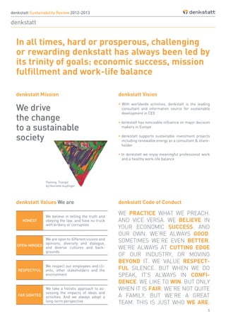 5
denkstatt Mission
We drive
the change
to a sustainable
society
denkstatt Sustainability Review 2012-2013
denkstatt
In all times, hard or prosperous, challenging
or rewarding denkstatt has always been led by
its trinity of goals: economic success, mission
fulfillment and work-life balance
denkstatt Vision
• With worldwide activities, denkstatt is the leading
consultant and information source for sustainable
development in CEE
• denkstatt has noticeable influence on major decision
makers in Europe
• denkstatt supports sustainable investment projects
including renewable energy as a consultant & share-
holder
• In denkstatt we enjoy meaningful professional work
and a healthy work-life balance
denkstatt Code of Conductdenkstatt Values We are
We believe in telling the truth and
obeying the law, and have no truck
with bribery or corruption
We are open to different visions and
opinions, diversity and dialogue,
and diverse cultures and back-
grounds
We respect our employees and cli-
ents, other stakeholders and the
environment
We take a holistic approach to as-
sessing the impacts of ideas and
activities. And we always adopt a
long-term perspective
HONEST
OPEN-MINDED
RESPECTFUL
FAR SIGHTED
Painting: Triangle
by Henriette Gupfinger
 