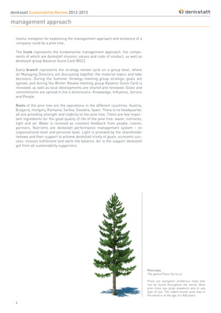 6
denkstatt Sustainability Review 2012-2013
management approach
Useful metaphor for explaining the management approach and existence of a
company could be a pine tree.
The trunk represents the fundamental management approach, the compo-
nents of which are denkstatt mission, values and code of conduct, as well as
denkstatt group Balance Score Card (BSC).
Every branch represents the strategy review cycle on a group level, where
all Managing Directors are discussing together the material topics and take
decisions. During the Summer Strategy meeting group strategic goals are
agreed, and during the Winter Review meeting group Balance Score Card is
reviewed, as well as local developments are shared and reviewed. Goals and
commitments are spread in the 4 dimensions: Knowledge, Influence, Service
and People.
Roots of the pine tree are the operations in the different countries: Austria,
Bulgaria, Hungary, Romania, Serbia, Slovakia, Spain. There is no headquarter,
all are providing strength and stability to the pine tree. There are few impor-
tant ingredients for the good quality of life of the pine tree: water, nutrients,
light and air. Water is received as constant feedback from people, clients,
partners. Nutrients are denkstatt performance management system – on
organizational level and personal level. Light is provided by the shareholder
reviews and their support to achieve denkstatt trinity of goals: economic suc-
cess, mission fulfillment and work-life balance. Air is the support denkstatt
got from all sustainability supporters.
Pine trees  
The genus Pinus /'pi:nu:s/
Pines are evergreen coniferous trees that
can be found throughout the world. Most
pine trees can grow anywhere and in any
type of soil. The oldest known pine tree in
the world is at the age of 4 840 years.
 
