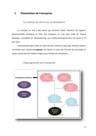 Introduction


       Le cadre de l'entreprise de mesbonnescopines est celui d'une start-up, ou plus

joliment appelé « jeune pousse » en français. Comme son nom l'indique, il s'agit d'une
entreprise à fort potentiel de croissance qui démarre. Les frais inhérents au lancement

de son activité, c'est à dire au coût du développement de son site internet, de la
communication, et des frais généraux, sont généralement couverts grâce à des levées

de fond ou bien grâce à l'intervention d'organismes tels que les incubateurs. Les start-
ups sont alors des jeunes entreprises prometteuses qui n'ont pas encore de rentrées

de chiffres d'affaire et en qui les professionnels du      business font confiance en
investissant chez elles.

       Le site de mesbonnescopines, lancé depuis le mois de juin, doit faire face à
cette difficulté financière, qui est de mettre en place une stratégie de

communication à fin de construire sa communauté et d'augmenter le nombre de
ses membres, sans avoir de budget à lui consacrer. La très grande partie de ce

dernier est destinée aux travaux de développement du site réalisés par une agence de
création de sites internet.

De plus, pour attirer des investisseurs à parier sur le site et/ou intéresser des grandes
enseignes pour des partenariats, il est nécessaire d’avoir un nombre de membres

conséquent et qualitatif. Or, mesbonnescopines est un réseau fermé. Les membres
accèdent au site par cooptation, c’est-à-dire que les femmes doivent connaitre un
membre inscrit, et être ainsi marrainée par celle-ci.
       La question qui se pose alors est comment développer la communauté de

mesbonnescopines et intéresser de potentiels investisseurs alors qu’il s’agit d’un
réseau fermé qui prône le qualitatif au quantitatif et qu’il n’y a pas de budget

particulier pour les actions de communication ?




                                                                                      14
 