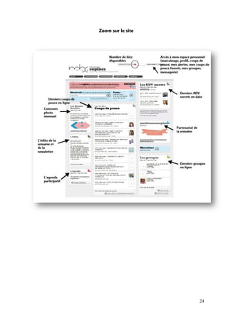 ou bien créer le leur, selon une thématique ou une problématique. La créatrice du
groupe devient la modératrice, c’est elle qui reçoit les demandes d’adhésion au sein du

groupe.


Les RDV secrets
      Les RDV secrets sont des rencontres thématiques où les bonnes copines

profitent des conseils de 10 expertes. Ces RDV sont organisés par des « community
managers locales » formées par mesbonnescopines. Elles sont chargées du choix du

thème et du lieu, en passant par celui des expertes, ainsi que de l’animation du RDV.
Les bonnes copines participantes s’inscrivent et payent leur place sur le site via une

billetterie en ligne (Weezevent). Le prix des places coûtent entre 15 et 20 euros et elles
sont limitées à 10 participantes pour faciliter le déroulé qui s’assimile à un barcamp*.


MBC adorent

      Chaque semaine, mesbonnescopines.com met à l’honneur une entreprise au
concept novateur, derrière laquelle se cache une femme. Un portrait d’elle est dressé et

un jeu « coup de pouce » est organisé. L’entreprise offre aux bonnes copines

gagnantes, un produit ou un service.


Agenda
      Les bonnes copines ont la possibilité de proposer un événement afin qu’il soit

publié dans l’agenda des bonnes copines. Toutes les fiches d’événements sont
soumises à modération.




                                                                                           24
 