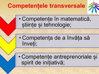 Competențele transversale
• Competențe în matematică,
științe și tehnologie;
• Competența de a învăța să
înveți;
• Competențe antreprenoriale și
spirit de inițiativă;
 
