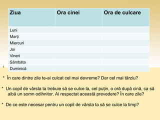 * În care dintre zile te-ai culcat cel mai devreme? Dar cel mai târziu?
* Un copil de vârsta ta trebuie să se culce la, cel puțin, o oră după cină, ca să
aibă un somn odihnitor. Ai respectat această prevedere? În care zile?
* De ce este necesar pentru un copil de vârsta ta să se culce la timp?
Ziua Ora cinei Ora de culcare
Luni
Marți
Miercuri
Joi
Vineri
Sâmbăta
Duminică
 