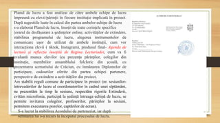 Planul de lucru a fost analizat de către ambele echipe de lucru
împreună cu elevii/părinții în fiecare instituție implicată în proiect.
După sugestiile luate în calcul din partea ambelor echipe de lucru
s-a elaborat Planul de lucru, însoțit de toate cerințele specifice
(orarul de desfășurare a ședințelor online, activităților de extindere,
stabilirea programului de lucru, alegerea instrumentelor de
comunicare ușor de utilizat de ambele instituții, cum vor
interacționa elevii ( tiktok, Instagram), produsul final- Agenda de
lectură și reflecție însoțită de Regina Lecturiadei, cum va fi
evaluată munca elevilor (cu prezența părinților, colegilor din
instituție, membrilor ansamblului folcloric din școală, cu
prezentarea scenariului de Crăciun, cu înmânarea Diplomelor de
participare, cadourilor oferite din partea echipei partenere,
perspective de extindere a activităților din proiect.
Am stabilit reguli comune de participare în proiect (nr. sesiunilor-
întrevederilor de lucru al coordonatorilor în cadrul unei sîptămâni,
ne prezentăm la timp la sesiune, respectăm rigorile Extinderii,
evităm microfonia, participă la ședință întreaga echipă de lucru, se
permite invitarea colegilor, profesorilor, părinților la sesiuni,
permitem executarea pozelor, captărilor de ecran).
S-a lucrat la stabilirea Acordului de parteneriat, iar după
semnarea lui s-a recurs la începutul procesului de lucru.
 