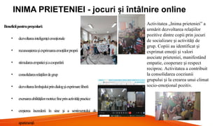 INIMA PRIETENIEI - jocuri i întâlnire online
ș
Activitatea „Inima prieteniei” a
urmărit dezvoltarea rela iilor
ț
pozitive dintre copii prin jocuri
de socializare i activită i de
ș ț
grup. Copiii au identificat i
ș
exprimat emo ii i valori
ț ș
asociate prieteniei, manifestând
empatie, cooperare i respect
ș
reciproc. Activitatea a contribuit
la consolidarea coeziunii
grupului i la crearea unui climat
ș
socio-emo ional pozitiv.
ț
Beneficiipentrupre colari:
ș
• dezvoltareainteligeneiemoionale
ț ț
• recunoa terea iexprimareaemoiilorproprii
ș ș ț
• stimulareaempatiei iacooperării
ș
• consolidarearelaiilordegrup
ț
• dezvoltarealimbajuluiprindialog iexprimareliberă
ș
• exersareaabilităilormotricefineprinactivităipractice
ț ț
• cre terea încrederii în sine i a sentimentului de
ș ș
apartenenă
ț
 